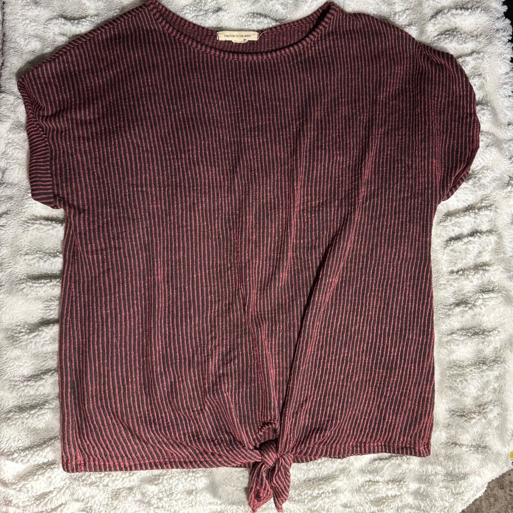 Madewell Burgundy Striped Knot-Front Tee